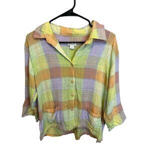 Christopher & Banks Pastel Plaid Linen Blend Lightweight Spring Button Up M